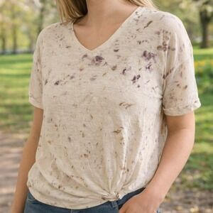 100% Linen Top Tee V-Neck Twist Front Size Large